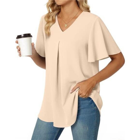 Womens Summer Dressy Chiffon Blouses V Neck Short Sleeve Tunic Tops for Leggings - Picture 3 of 7